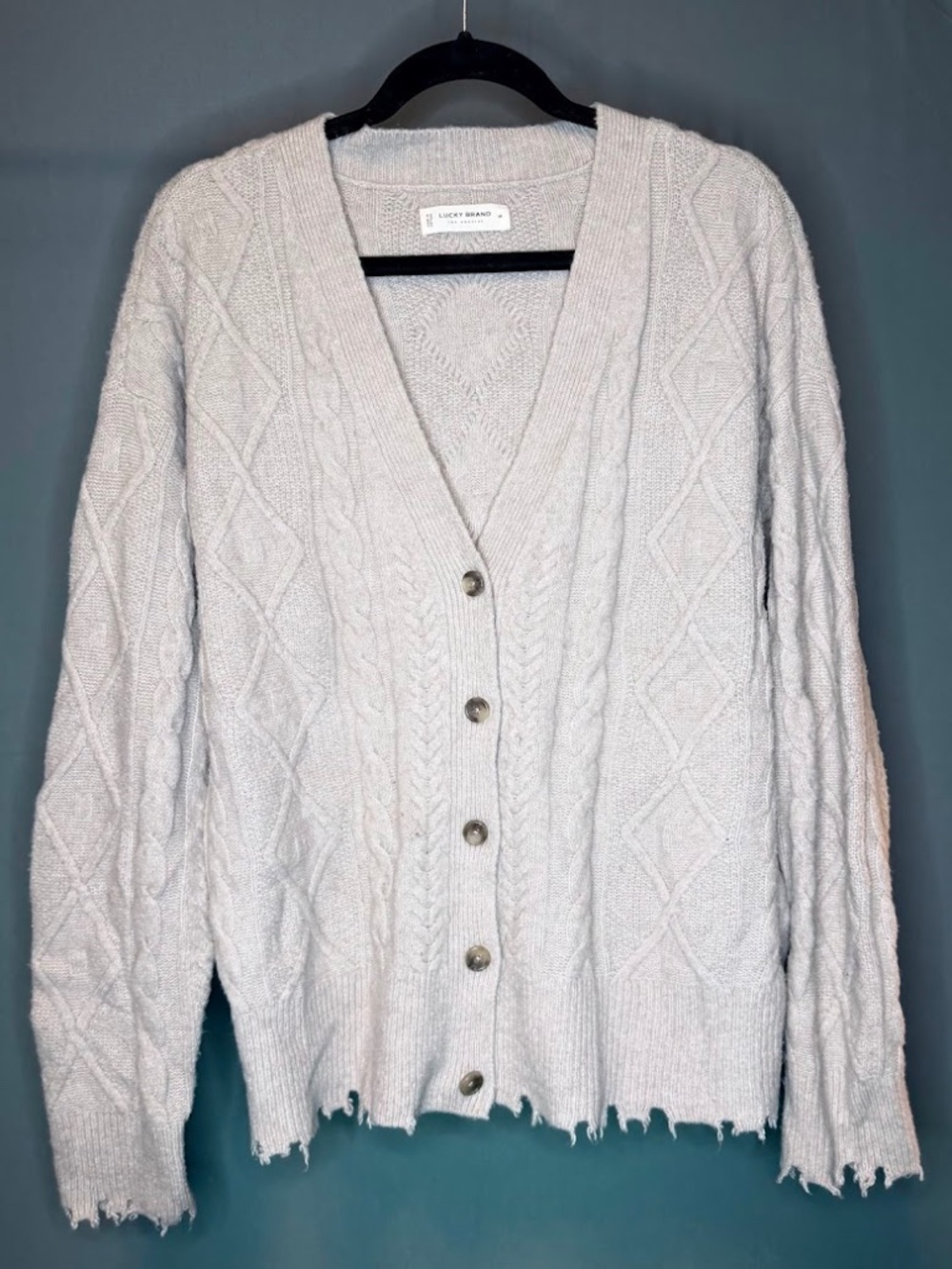 Lucky Brand Cable Knit Cardigan Distressed Hem Boho Sweater M - Picture 1 of 1